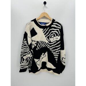 Elfric Eden Mens Black Cream Knit Crewneck Sweater Size L Graphic Artsy 3D Retro